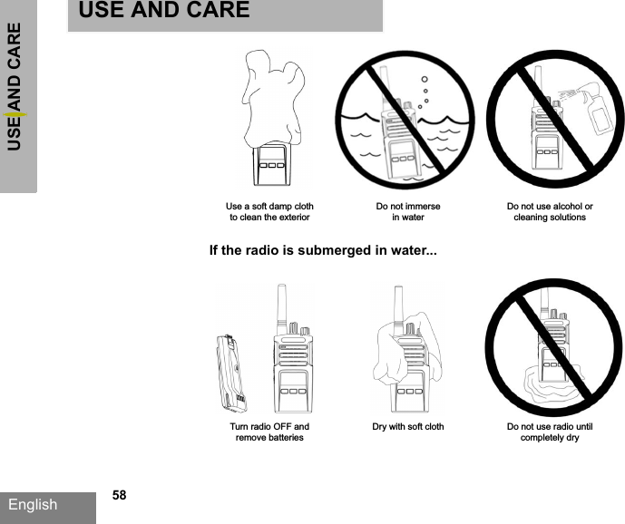 USE AND CAREEnglish   58Use a soft damp clothto clean the exteriorDo not immersein waterDo not use alcohol orcleaning solutionsTurn radio OFF andremove batteriesDry with soft cloth Do not use radio untilcompletely dryIf the radio is submerged in water...USE AND CARE