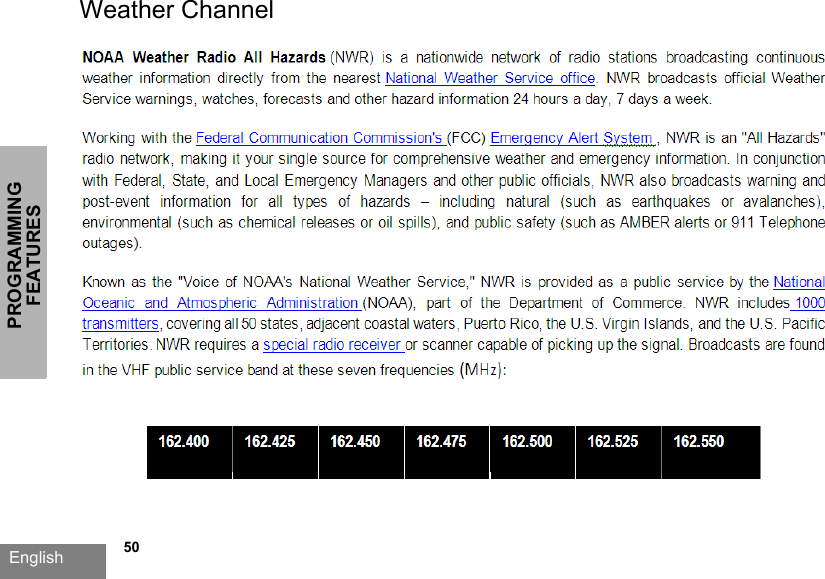 PROGRAMMING FEATURESEnglish   50Weather Channel