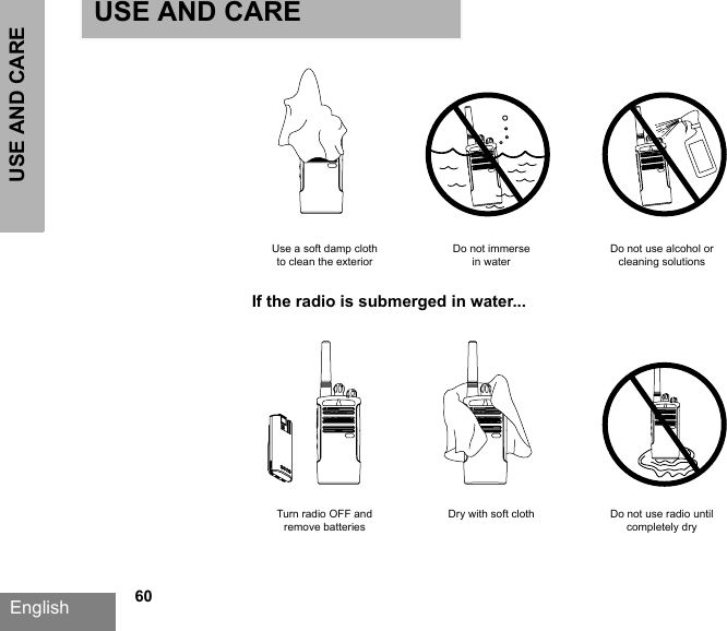 USE AND CAREEnglish   60Use a soft damp clothto clean the exteriorDo not immersein waterDo not use alcohol orcleaning solutionsTurn radio OFF andremove batteriesDry with soft cloth Do not use radio untilcompletely dryIf the radio is submerged in water...USE AND CARE