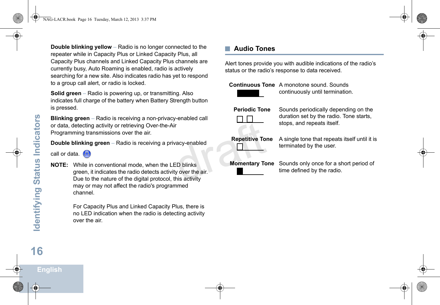 Identifying Status IndicatorsEnglish16Double blinking yellow – Radio is no longer connected to the repeater while in Capacity Plus or Linked Capacity Plus, all Capacity Plus channels and Linked Capacity Plus channels are currently busy, Auto Roaming is enabled, radio is actively searching for a new site. Also indicates radio has yet to respond to a group call alert, or radio is locked.Solid green – Radio is powering up, or transmitting. Also indicates full charge of the battery when Battery Strength button is pressed.Blinking green – Radio is receiving a non-privacy-enabled call or data, detecting activity or retrieving Over-the-Air Programming transmissions over the air.Double blinking green – Radio is receiving a privacy-enabled call or data. NOTE: While in conventional mode, when the LED blinks green, it indicates the radio detects activity over the air. Due to the nature of the digital protocol, this activity may or may not affect the radio&apos;s programmed channel.For Capacity Plus and Linked Capacity Plus, there is no LED indication when the radio is detecting activity over the air.Audio TonesAlert tones provide you with audible indications of the radio’s status or the radio’s response to data received.Continuous Tone A monotone sound. Sounds continuously until termination.Periodic Tone Sounds periodically depending on the duration set by the radio. Tone starts, stops, and repeats itself.Repetitive Tone A single tone that repeats itself until it is terminated by the user.Momentary Tone Sounds only once for a short period of time defined by the radio.NAG-LACR.book  Page 16  Tuesday, March 12, 2013  3:37 PMdraft