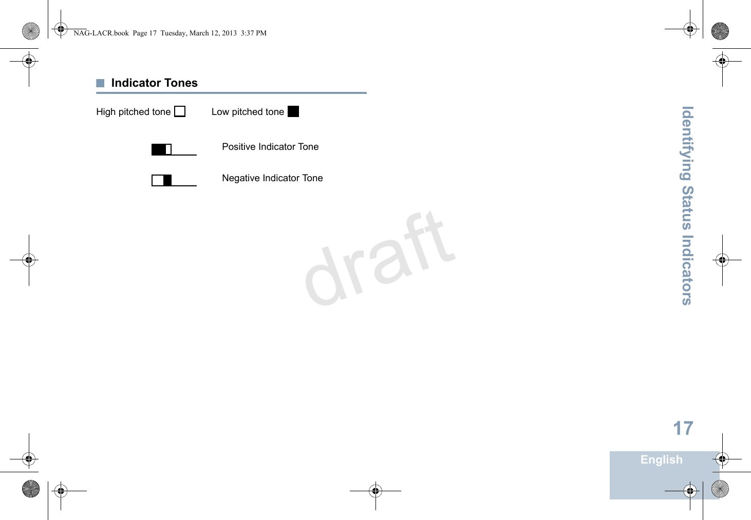 Identifying Status IndicatorsEnglish17Indicator TonesHigh pitched tone    Low pitched tone Positive Indicator ToneNegative Indicator ToneNAG-LACR.book  Page 17  Tuesday, March 12, 2013  3:37 PMdraft