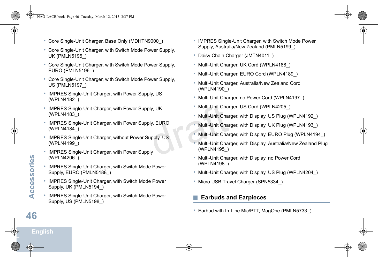 AccessoriesEnglish46•Core Single-Unit Charger, Base Only (MDHTN9000_)•Core Single-Unit Charger, with Switch Mode Power Supply, UK (PMLN5195_)•Core Single-Unit Charger, with Switch Mode Power Supply, EURO (PMLN5196_)•Core Single-Unit Charger, with Switch Mode Power Supply, US (PMLN5197_)•IMPRES Single-Unit Charger, with Power Supply, US (WPLN4182_)•IMPRES Single-Unit Charger, with Power Supply, UK (WPLN4183_)•IMPRES Single-Unit Charger, with Power Supply, EURO (WPLN4184_)•IMPRES Single-Unit Charger, without Power Supply, US (WPLN4199_)•IMPRES Single-Unit Charger, with Power Supply (WPLN4206_)•IMPRES Single-Unit Charger, with Switch Mode Power Supply, EURO (PMLN5188_)•IMPRES Single-Unit Charger, with Switch Mode Power Supply, UK (PMLN5194_)•IMPRES Single-Unit Charger, with Switch Mode Power Supply, US (PMLN5198_)•IMPRES Single-Unit Charger, with Switch Mode Power Supply, Australia/New Zealand (PMLN5199_)•Daisy Chain Charger (JMTN4011_)•Multi-Unit Charger, UK Cord (WPLN4188_)•Multi-Unit Charger, EURO Cord (WPLN4189_)•Multi-Unit Charger, Australia/New Zealand Cord (WPLN4190_)•Multi-Unit Charger, no Power Cord (WPLN4197_)•Multi-Unit Charger, US Cord (WPLN4205_)•Multi-Unit Charger, with Display, US Plug (WPLN4192_)•Multi-Unit Charger, with Display, UK Plug (WPLN4193_)•Multi-Unit Charger, with Display, EURO Plug (WPLN4194_)•Multi-Unit Charger, with Display, Australia/New Zealand Plug (WPLN4195_)•Multi-Unit Charger, with Display, no Power Cord (WPLN4198_)•Multi-Unit Charger, with Display, US Plug (WPLN4204_)•Micro USB Travel Charger (SPN5334_)Earbuds and Earpieces•Earbud with In-Line Mic/PTT, MagOne (PMLN5733_)NAG-LACR.book  Page 46  Tuesday, March 12, 2013  3:37 PMdraft