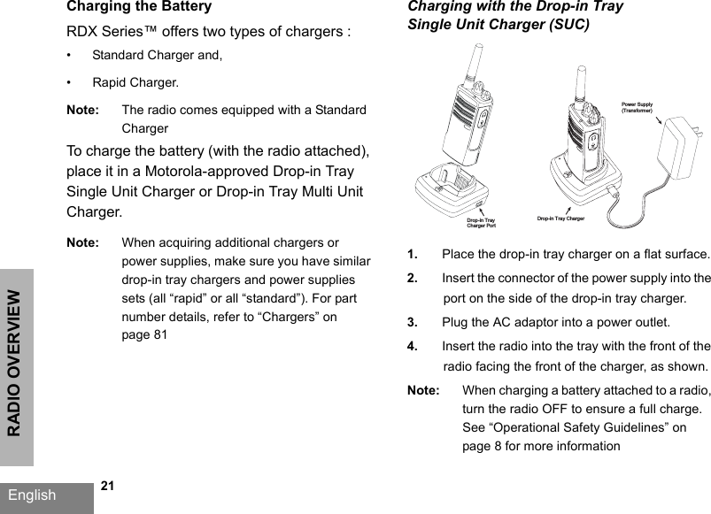 RADIO OVERVIEWEnglish   21Charging the BatteryRDX Series™ offers two types of chargers :• Standard Charger and,• Rapid Charger.Note: The radio comes equipped with a Standard ChargerTo charge the battery (with the radio attached), place it in a Motorola-approved Drop-in Tray Single Unit Charger or Drop-in Tray Multi Unit Charger.Note: When acquiring additional chargers or power supplies, make sure you have similar drop-in tray chargers and power supplies sets (all “rapid” or all “standard”). For part number details, refer to “Chargers” on page 81Charging with the Drop-in Tray Single Unit Charger (SUC)1. Place the drop-in tray charger on a flat surface.2. Insert the connector of the power supply into the port on the side of the drop-in tray charger.3. Plug the AC adaptor into a power outlet. 4. Insert the radio into the tray with the front of the radio facing the front of the charger, as shown. Note: When charging a battery attached to a radio, turn the radio OFF to ensure a full charge. See “Operational Safety Guidelines” on page 8 for more informationPower Supply(Transformer) Drop-in Tray ChargerDrop-in TrayCharger Port 