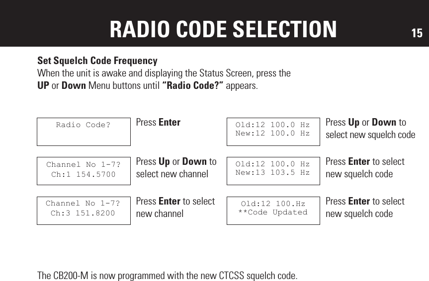 15RADIO CODE SELECTIONOld:12 100.HzThe CB200-M is now programmed with the new CTCSS squelch code.Set Squelch Code FrequencyWhen the unit is awake and displaying the Status Screen, press theUP or Down Menu buttons until “Radio Code?” appears.Radio Code? Press Enter Old:12 100.0 HzNew:12 100.0 HzPress Up or Down to select new squelch codeOld:12 100.0 HzNew:13 103.5 HzPress Enter to select new squelch code**Code UpdatedPress Enter to select new squelch codePress Up or Down to select new channelChannel No 1-7?Ch:1 154.5700Press Enter to select new channelChannel No 1-7?Ch:3 151.8200