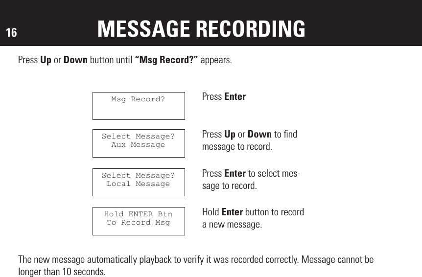 16 MESSAGE RECORDINGPress Up or Down button until “Msg Record?” appears.The new message automatically playback to verify it was recorded correctly. Message cannot be longer than 10 seconds.Msg Record?Select Message?Aux MessageSelect Message?Local MessageHold ENTER BtnTo Record MsgPress EnterPress Up or Down to ﬁnd message to record.Press Enter to select mes-sage to record.Hold Enter button to record a new message.