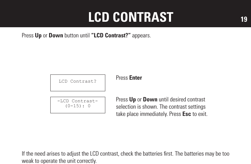 19LCD CONTRASTPress Up or Down button until “LCD Contrast?” appears.If the need arises to adjust the LCD contrast, check the batteries ﬁrst. The batteries may be too weak to operate the unit correctly.Press EnterPress Up or Down until desired contrast selection is shown. The contrast settings take place immediately. Press Esc to exit.LCD Contrast?-LCD Contrast-(0-15): 0