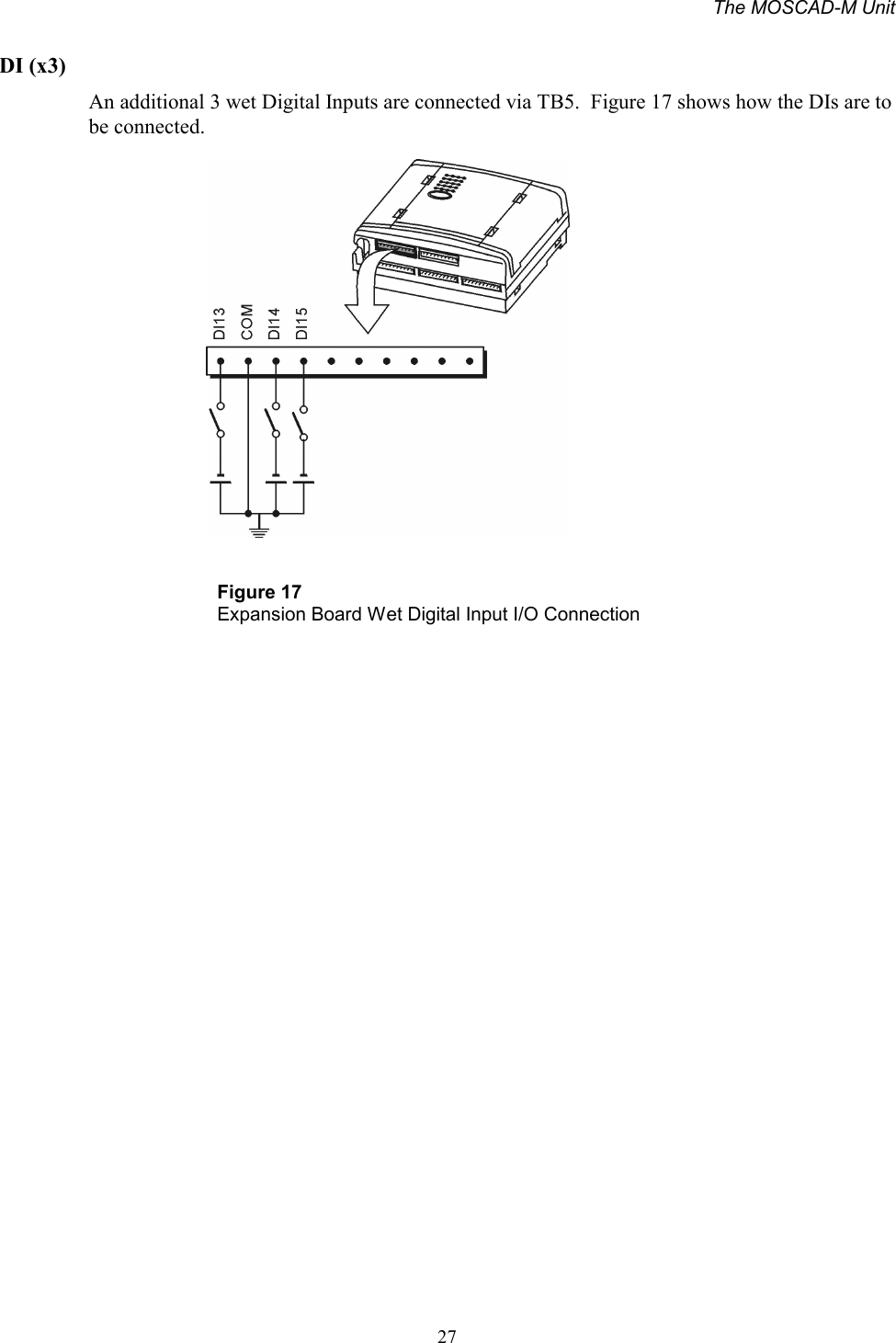 The MOSCAD-M Unit27DI (x3)An additional 3 wet Digital Inputs are connected via TB5.  Figure 17 shows how the DIs are tobe connected.Figure 17Expansion Board Wet Digital Input I/O Connection