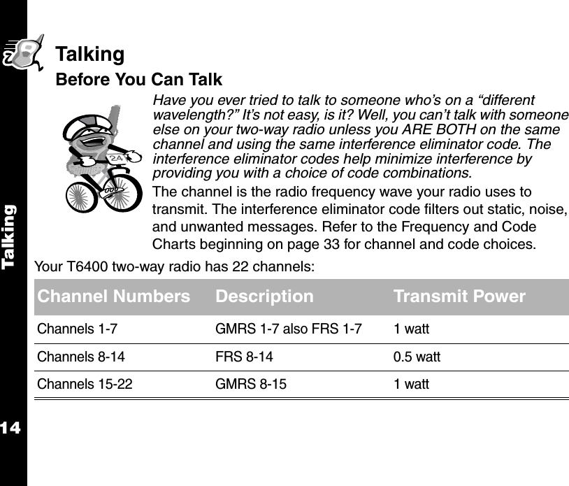 Talk i ng14TalkingBefore You Can TalkHave you ever tried to talk to someone who’s on a “different wavelength?” It’s not easy, is it? Well, you can’t talk with someone else on your two-way radio unless you ARE BOTH on the same channel and using the same interference eliminator code. The interference eliminator codes help minimize interference by providing you with a choice of code combinations.The channel is the radio frequency wave your radio uses to transmit. The interference eliminator code filters out static, noise, and unwanted messages. Refer to the Frequency and Code Charts beginning on page 33 for channel and code choices.Your T6400 two-way radio has 22 channels:Channel Numbers Description Transmit PowerChannels 1-7 GMRS 1-7 also FRS 1-7 1 wattChannels 8-14 FRS 8-14 0.5 wattChannels 15-22 GMRS 8-15 1 watt24
