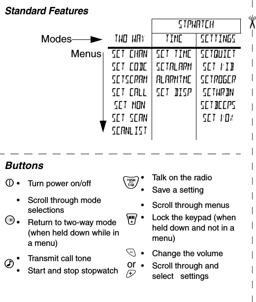 Standard Features  STPWATCHTWO WAY TIME SETTINGSSET CHAN SET TIME SETQUIETSET CODE SETALARM SET VIBSETSCRAM ALARMTME SETROGERSET CALL SET DISP SETWRDNSET MON SETBEEPSSET SCAN SET VOXSCANLISTButtons|•Turn power on/off {•Talk on the radio •Save a setting~•Scroll through mode selections•Return to two-way mode (when held down while in a menu)y•Scroll through menus•Lock the keypad (when held down and not in a menu)‰•Transmit call tone•Start and stop stopwatchxor z•Change the volume•Scroll through and select   settingsModesMenus