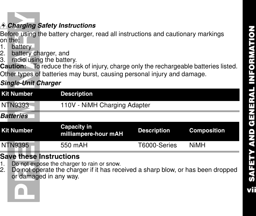 SAFETY AND GENERAL INFORMATIONviiPRELIMINARYDCharging Safety InstructionsBefore using the battery charger, read all instructions and cautionary markings on the:1. battery2. battery charger, and3. radio using the battery.Caution: To reduce the risk of injury, charge only the rechargeable batteries listed. Other types of batteries may burst, causing personal injury and damage.Single-Unit ChargerBatteriesSave these Instructions1. Do not expose the charger to rain or snow.2. Do not operate the charger if it has received a sharp blow, or has been dropped or damaged in any way.Kit Number DescriptionNTN9393 110V - NiMH Charging AdapterKit Number Capacity in milliampere-hour mAH Description CompositionNTN9395 550 mAH T6000-Series NiMH