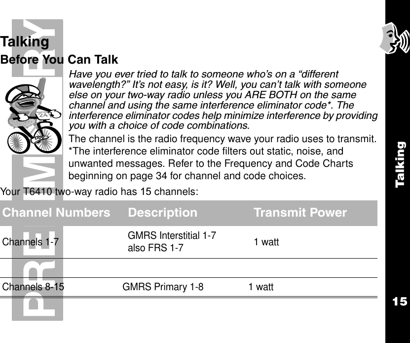 Talk in g15PRELIMINARYTalkingBefore You Can TalkHave you ever tried to talk to someone who’s on a “different wavelength?” It’s not easy, is it? Well, you can’t talk with someone else on your two-way radio unless you ARE BOTH on the same channel and using the same interference eliminator code*. The interference eliminator codes help minimize interference by providing you with a choice of code combinations.The channel is the radio frequency wave your radio uses to transmit. *The interference eliminator code filters out static, noise, and unwanted messages. Refer to the Frequency and Code Charts beginning on page 34 for channel and code choices.Your T6410 two-way radio has 15 channels:Channel Numbers Description Transmit PowerChannels 1-7 GMRS Interstitial 1-7 also FRS 1-7 1 wattChannels 8-15 GMRS Primary 1-8 1 watt24
