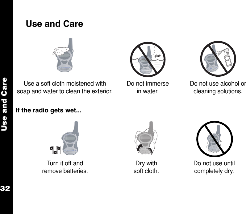 Use and Care32    Use and CareIf the radio gets wet...Use a soft cloth moistened with soap and water to clean the exterior. Do not immerse in water. Do not use alcohol or cleaning solutions.Turn it off and remove batteries. Dry with soft cloth. Do not use until completely dry.glub