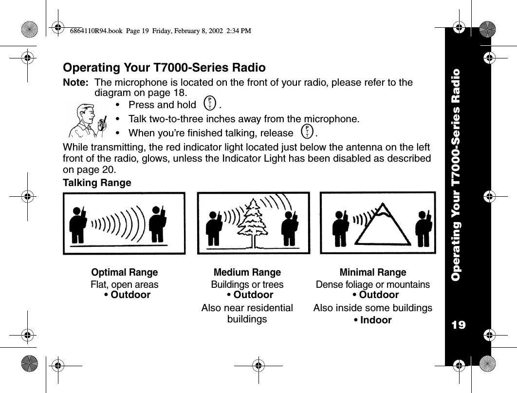 19Operating Your T7000-Series RadioOperating Your T7000-Series RadioNote:  The microphone is located on the front of your radio, please refer to the diagram on page 18.•Press and hold M..•Talk two-to-three inches away from the microphone. •When you’re finished talking, release M.While transmitting, the red indicator light located just below the antenna on the left front of the radio, glows, unless the Indicator Light has been disabled as described on page 20.Talking RangeOptimal RangeFlat, open areas Medium RangeBuildings or treesMinimal RangeDense foliage or mountains• Outdoor  • Outdoor Also near residential buildings• OutdoorAlso inside some buildings• Indoor6864110R94.book  Page 19  Friday, February 8, 2002  2:34 PM