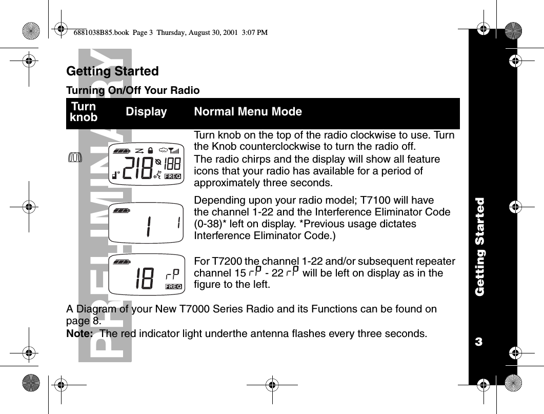 3PRELIMINARYGetting StartedGetting StartedTurning On/Off Your RadioA Diagram of your New T7000 Series Radio and its Functions can be found on page 8. Note:  The red indicator light underthe antenna flashes every three seconds.Turn knob Display Normal Menu ModePTurn knob on the top of the radio clockwise to use. Turn the Knob counterclockwise to turn the radio off. The radio chirps and the display will show all feature icons that your radio has available for a period of approximately three seconds.Depending upon your radio model; T7100 will have the channel 1-22 and the Interference Eliminator Code (0-38)* left on display. *Previous usage dictates Interference Eliminator Code.)For T7200 the channel 1-22 and/or subsequent repeater channel 15 x - 22 x will be left on display as in the figure to the left. x6881038B85.book  Page 3  Thursday, August 30, 2001  3:07 PM