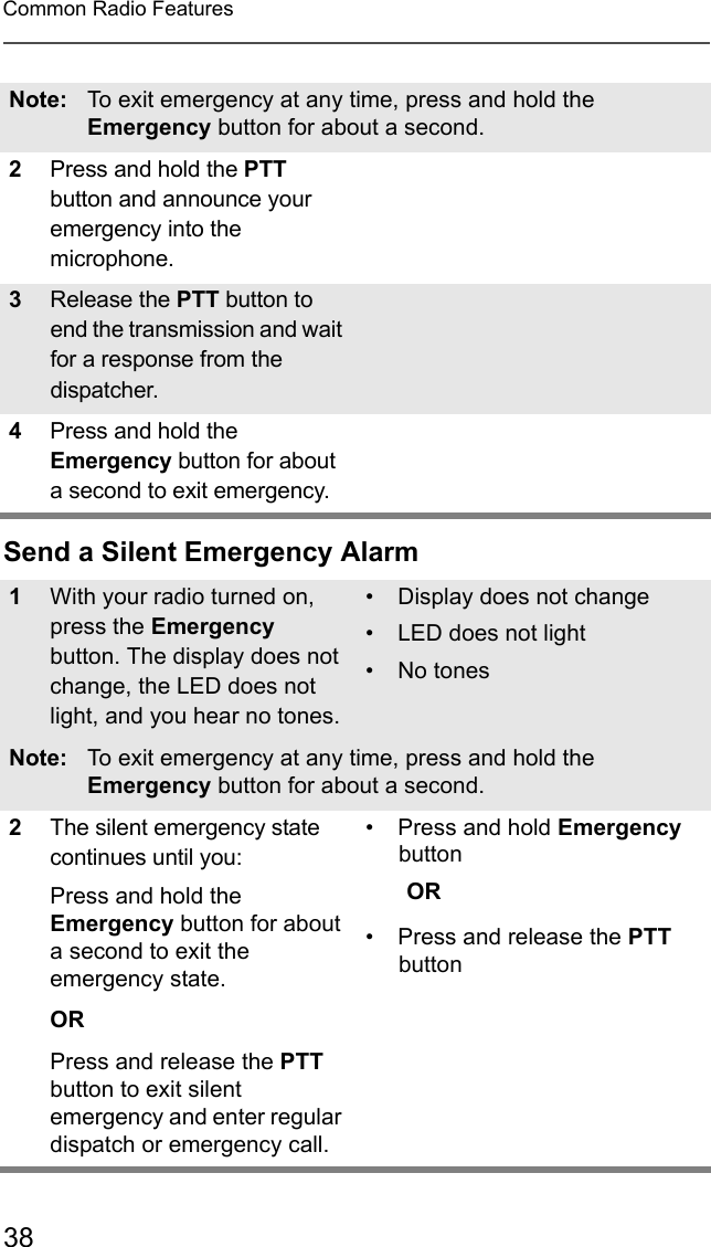 38Common Radio FeaturesSend a Silent Emergency AlarmNote: To exit emergency at any time, press and hold the Emergency button for about a second.2Press and hold the PTT button and announce your emergency into the microphone. 3Release the PTT button to end the transmission and wait for a response from the dispatcher. 4Press and hold the Emergency button for about a second to exit emergency. 1With your radio turned on, press the Emergency button. The display does not change, the LED does not light, and you hear no tones.• Display does not change• LED does not light• No tonesNote: To exit emergency at any time, press and hold the Emergency button for about a second.2The silent emergency state continues until you:Press and hold the Emergency button for about a second to exit the emergency state.ORPress and release the PTT button to exit silent emergency and enter regular dispatch or emergency call.• Press and hold Emergency buttonOR• Press and release the PTT button