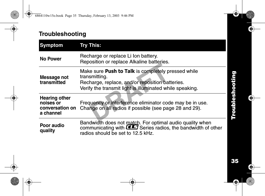 Troubleshooting35DRAFTTroubleshooting  Symptom Try This:No PowerRecharge or replace Li Ion battery. Reposition or replace Alkaline batteries.Message not transmittedMake sure Push to Talk is completely pressed while transmitting.Recharge, replace, and/or reposition batteries.Verify the transmit light is illuminated while speaking.Hearing other noises or conversation on a channelFrequency or interference eliminator code may be in use. Change on all radios if possible (see page 28 and 29).Poor audio qualityBandwidth does not match. For optimal audio quality when communicating with _Series radios, the bandwidth of other radios should be set to 12.5 kHz.6864110w15o.book  Page 35  Thursday, February 13, 2003  9:46 PM