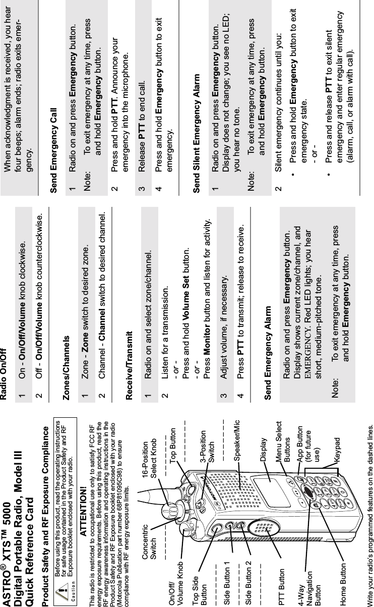 ASTRO® XTS™ 5000 Digital Portable Radio, Model III Quick Reference CardProduct Safety and RF Exposure ComplianceATTENTION!  This radio is restricted to occupational use only to satisfy FCC RF energy exposure requirements. Before using this product, read the RF energy awareness information and operating instructions in the Product Safety and RF Exposure booklet enclosed with your radio (Motorola Publication part number 68P81095C98) to ensure compliance with RF energy exposure limits. Write your radio’s programmed features on the dashed lines.Radio On/OffZones/ChannelsReceive/TransmitSend Emergency AlarmSend Emergency CallSend Silent Emergency AlarmBefore using this product, read the operating instructions for safe usage contained in the Product Safety and RF Exposure booklet enclosed with your radio.!C a u t i o n16-Position Select Knob _ _ _ _ _ _ _Speaker/MicTop Button _ _ _ _ _ _ _Concentric Switch_ _ _ _ _ _ DisplayKeypadMenu Select ButtonsApp Button (for future use)Top Side Button_ _ _ _ _ _ _On/Off/Volume KnobSide Button 1_ _ _ _ _ _ _Side Button 2_ _ _ _ _ _ _PTT Button3-Position Switch _ _ _ _ _ _ _4-WayNavigation ButtonHome Button1On - On/Off/Volume knob clockwise.2Off - On/Off/Volume knob counterclockwise.1 Zone - Zone switch to desired zone.2 Channel - Channel switch to desired channel.1 Radio on and select zone/channel.2 Listen for a transmission.- or -Press and hold Volume Set button.- or -Press Monitor button and listen for activity.3 Adjust volume, if necessary.4Press PTT to transmit; release to receive.Radio on and press Emergency button. Display shows current zone/channel, andEMERGENCY. Red LED lights; you hear short, medium-pitched tone.Note: To exit emergency at any time, press and hold Emergency button.When acknowledgment is received, you hear four beeps; alarm ends; radio exits emer-gency.1 Radio on and press Emergency button.Note: To exit emergency at any time, press and hold Emergency button.2 Press and hold PTT. Announce your emergency into the microphone.3 Release PTT to end call.4 Press and hold Emergency button to exit emergency. 1 Radio on and press Emergency button. Display does not change; you see no LED; you hear no tone.Note: To exit emergency at any time, press and hold Emergency button.2 Silent emergency continues until you:• Press and hold Emergency button to exit emergency state.- or -• Press and release PTT to exit silent emergency and enter regular emergency (alarm, call, or alarm with call).