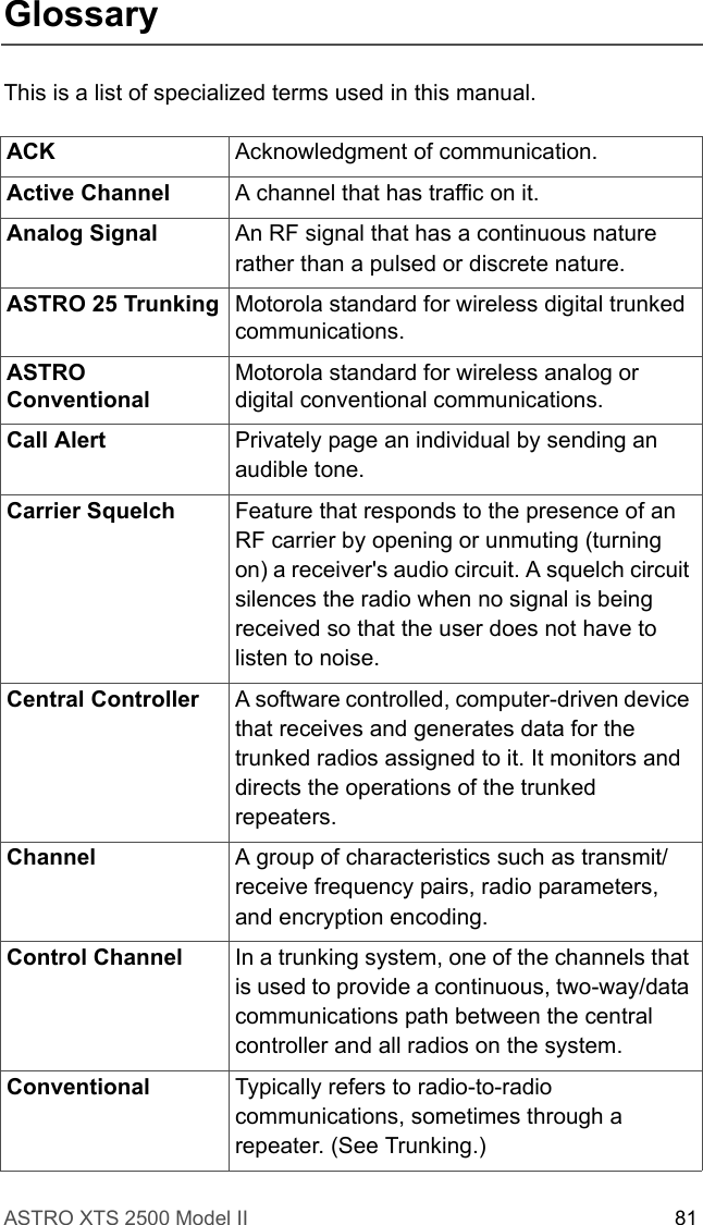 ASTRO XTS 2500 Model II 81GlossaryThis is a list of specialized terms used in this manual.ACK Acknowledgment of communication.Active Channel A channel that has traffic on it.Analog Signal An RF signal that has a continuous nature rather than a pulsed or discrete nature.ASTRO 25 Trunking Motorola standard for wireless digital trunked communications.ASTRO ConventionalMotorola standard for wireless analog or digital conventional communications.Call Alert Privately page an individual by sending an audible tone.Carrier Squelch Feature that responds to the presence of an RF carrier by opening or unmuting (turning on) a receiver&apos;s audio circuit. A squelch circuit silences the radio when no signal is being received so that the user does not have to listen to noise.Central Controller  A software controlled, computer-driven device that receives and generates data for the trunked radios assigned to it. It monitors and directs the operations of the trunked repeaters.Channel A group of characteristics such as transmit/receive frequency pairs, radio parameters, and encryption encoding.Control Channel In a trunking system, one of the channels that is used to provide a continuous, two-way/data communications path between the central controller and all radios on the system.Conventional Typically refers to radio-to-radio communications, sometimes through a repeater. (See Trunking.)