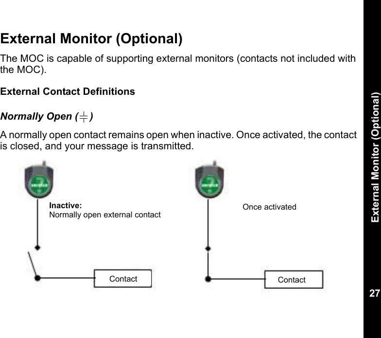 External Monitor (Optional)27External Monitor (Optional) The MOC is capable of supporting external monitors (contacts not included with the MOC). External Contact DefinitionsNormally Open ( )A normally open contact remains open when inactive. Once activated, the contact is closed, and your message is transmitted.Inactive:Normally open external contactOnce activatedContact Contact