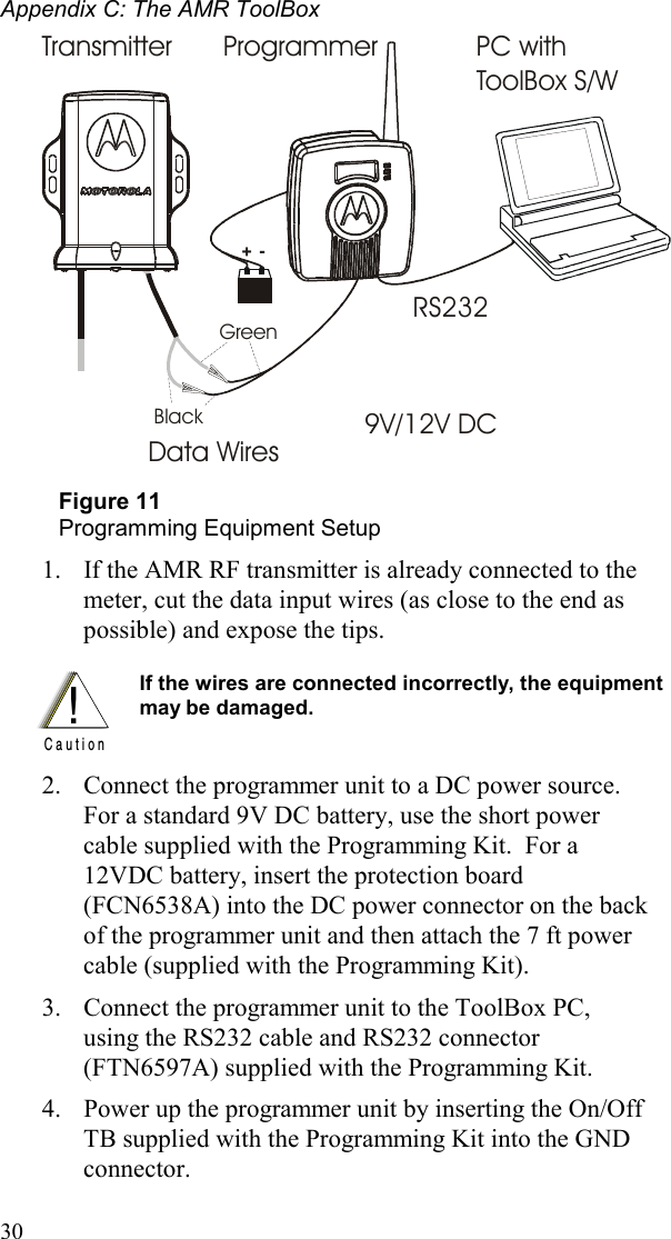 Appendix C: The AMR ToolBox 30 +-Data WiresPC with ToolBox S/WTransmitter Programmer9V/12V DCRS232GreenBlack Figure 11 Programming Equipment Setup  1.  If the AMR RF transmitter is already connected to the meter, cut the data input wires (as close to the end as possible) and expose the tips.  !C a u t i o n If the wires are connected incorrectly, the equipment may be damaged.     2.  Connect the programmer unit to a DC power source.  For a standard 9V DC battery, use the short power cable supplied with the Programming Kit.  For a 12VDC battery, insert the protection board (FCN6538A) into the DC power connector on the back of the programmer unit and then attach the 7 ft power cable (supplied with the Programming Kit).   3.  Connect the programmer unit to the ToolBox PC, using the RS232 cable and RS232 connector (FTN6597A) supplied with the Programming Kit.  4.  Power up the programmer unit by inserting the On/Off TB supplied with the Programming Kit into the GND connector. 