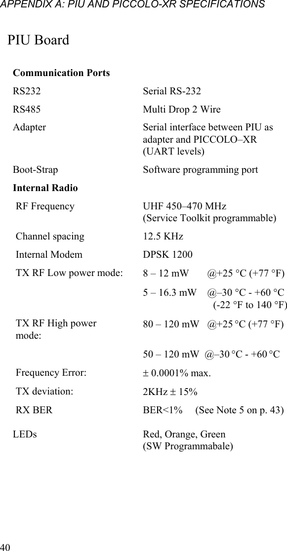 APPENDIX A: PIU AND PICCOLO-XR SPECIFICATIONS PIU Board  Communication Ports  RS232  Serial RS-232  RS485  Multi Drop 2 Wire Adapter  Serial interface between PIU as adapter and PICCOLO–XR  (UART levels) Boot-Strap  Software programming port Internal Radio   RF Frequency  UHF 450–470 MHz (Service Toolkit programmable) Channel spacing  12.5 KHz Internal Modem  DPSK 1200 TX RF Low power mode:  8 – 12 mW       @+25 °C (+77 °F) 5 – 16.3 mW    @–30 °C - +60 °C  (-22 °F to 140 °F)TX RF High power mode: 80 – 120 mW   @+25 °C (+77 °F) 50 – 120 mW  @–30 °C - +60 °C Frequency Error:  ± 0.0001% max. TX deviation:  2KHz ± 15% RX BER  BER&lt;1%     (See Note 5 on p. 43)    LEDs  Red, Orange, Green  (SW Programmabale)  40