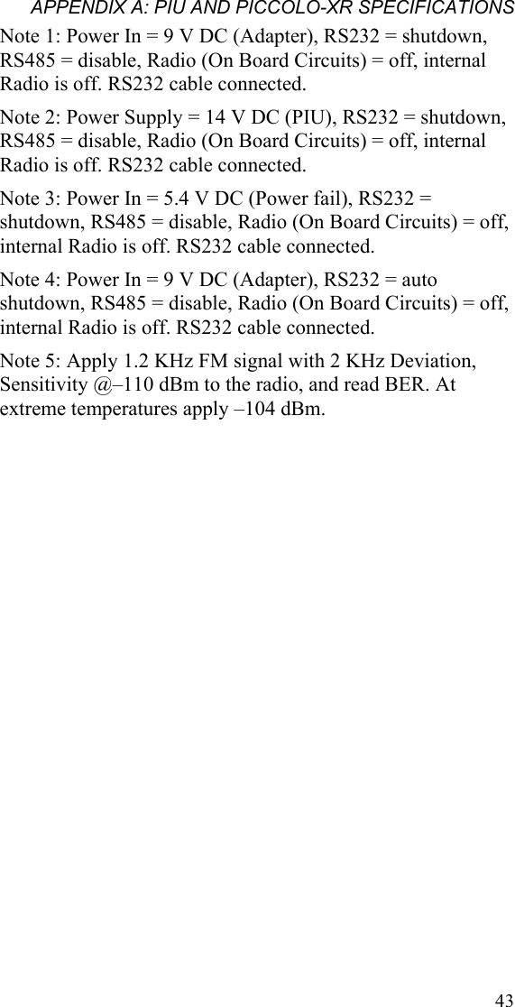 APPENDIX A: PIU AND PICCOLO-XR SPECIFICATIONS Note 1: Power In = 9 V DC (Adapter), RS232 = shutdown, RS485 = disable, Radio (On Board Circuits) = off, internal Radio is off. RS232 cable connected. Note 2: Power Supply = 14 V DC (PIU), RS232 = shutdown, RS485 = disable, Radio (On Board Circuits) = off, internal Radio is off. RS232 cable connected. Note 3: Power In = 5.4 V DC (Power fail), RS232 = shutdown, RS485 = disable, Radio (On Board Circuits) = off, internal Radio is off. RS232 cable connected. Note 4: Power In = 9 V DC (Adapter), RS232 = auto shutdown, RS485 = disable, Radio (On Board Circuits) = off, internal Radio is off. RS232 cable connected. Note 5: Apply 1.2 KHz FM signal with 2 KHz Deviation, Sensitivity @–110 dBm to the radio, and read BER. At extreme temperatures apply –104 dBm.                    43