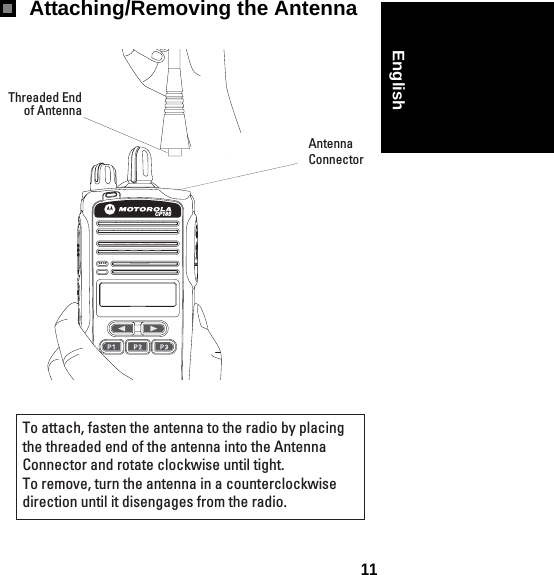 11EnglishAttaching/Removing the AntennaCP185Antenna ConnectorThreaded Endof AntennaTo attach, fasten the antenna to the radio by placing the threaded end of the antenna into the Antenna Connector and rotate clockwise until tight.To remove, turn the antenna in a counterclockwise direction until it disengages from the radio.