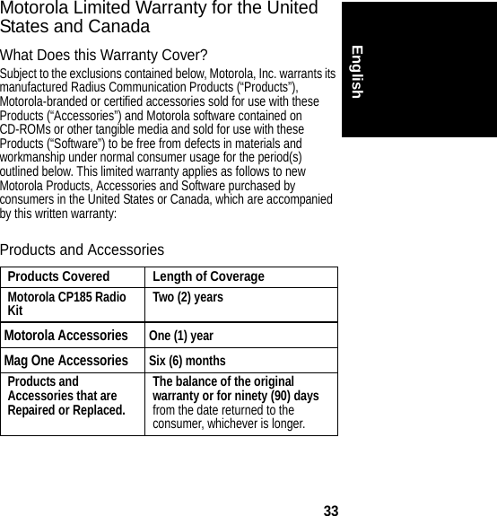 33EnglishMotorola Limited Warranty for the United States and CanadaWarra ntyWhat Does this Warranty Cover?Subject to the exclusions contained below, Motorola, Inc. warrants its manufactured Radius Communication Products (“Products”), Motorola-branded or certified accessories sold for use with these Products (“Accessories”) and Motorola software contained on CD-ROMs or other tangible media and sold for use with these Products (“Software”) to be free from defects in materials and workmanship under normal consumer usage for the period(s) outlined below. This limited warranty applies as follows to new Motorola Products, Accessories and Software purchased by consumers in the United States or Canada, which are accompanied by this written warranty:Products and AccessoriesProducts Covered Length of CoverageMotorola CP185 Radio Kit  Two (2) yearsMotorola Accessories One (1) year Mag One AccessoriesSix (6) months Products and Accessories that are Repaired or Replaced.The balance of the original warranty or for ninety (90) days from the date returned to the consumer, whichever is longer.