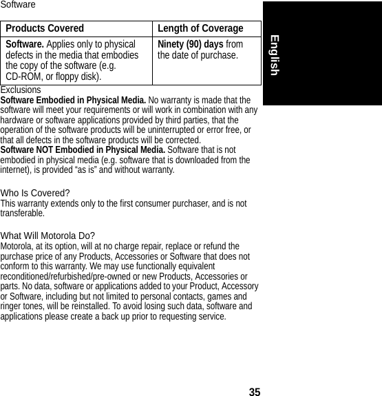 35EnglishSoftwareExclusionsSoftware Embodied in Physical Media. No warranty is made that the software will meet your requirements or will work in combination with any hardware or software applications provided by third parties, that the operation of the software products will be uninterrupted or error free, or that all defects in the software products will be corrected.Software NOT Embodied in Physical Media. Software that is not embodied in physical media (e.g. software that is downloaded from the internet), is provided “as is” and without warranty.Who Is Covered?This warranty extends only to the first consumer purchaser, and is not transferable.What Will Motorola Do?Motorola, at its option, will at no charge repair, replace or refund the purchase price of any Products, Accessories or Software that does not conform to this warranty. We may use functionally equivalent reconditioned/refurbished/pre-owned or new Products, Accessories or parts. No data, software or applications added to your Product, Accessory or Software, including but not limited to personal contacts, games and ringer tones, will be reinstalled. To avoid losing such data, software and applications please create a back up prior to requesting service.Products Covered Length of CoverageSoftware. Applies only to physical defects in the media that embodies the copy of the software (e.g. CD-ROM, or floppy disk).Ninety (90) days from the date of purchase.