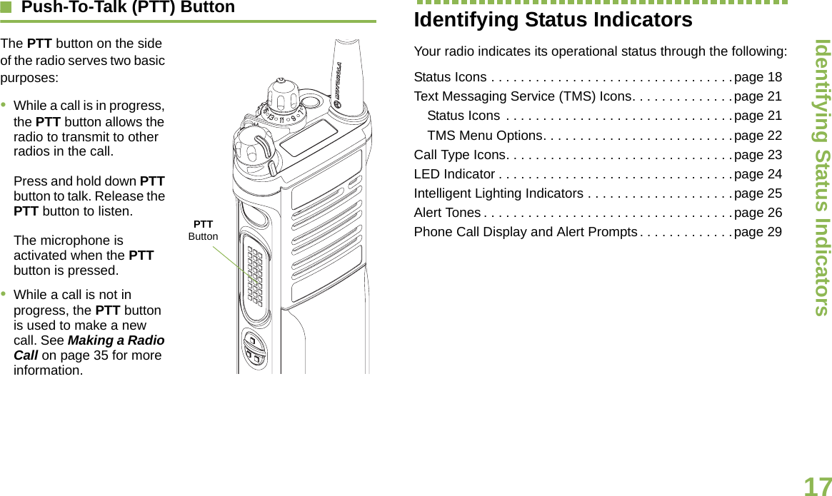 Identifying Status IndicatorsEnglish17Push-To-Talk (PTT) ButtonThe PTT button on the side of the radio serves two basic purposes:•While a call is in progress, the PTT button allows the radio to transmit to other radios in the call.Press and hold down PTT button to talk. Release the PTT button to listen.The microphone is activated when the PTT button is pressed.•While a call is not in progress, the PTT button is used to make a new call. See Making a Radio Call on page 35 for more information.Identifying Status IndicatorsYour radio indicates its operational status through the following:Status Icons . . . . . . . . . . . . . . . . . . . . . . . . . . . . . . . . .page 18Text Messaging Service (TMS) Icons. . . . . . . . . . . . . .page 21Status Icons . . . . . . . . . . . . . . . . . . . . . . . . . . . . . . .page 21TMS Menu Options. . . . . . . . . . . . . . . . . . . . . . . . . .page 22Call Type Icons. . . . . . . . . . . . . . . . . . . . . . . . . . . . . . .page 23LED Indicator . . . . . . . . . . . . . . . . . . . . . . . . . . . . . . . .page 24Intelligent Lighting Indicators . . . . . . . . . . . . . . . . . . . .page 25Alert Tones . . . . . . . . . . . . . . . . . . . . . . . . . . . . . . . . . .page 26Phone Call Display and Alert Prompts . . . . . . . . . . . . .page 29PTT Button