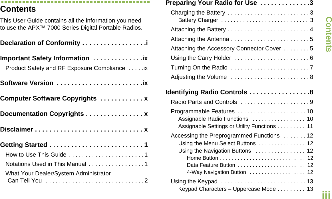ContentsEnglishiiiContentsThis User Guide contains all the information you need to use the APX™ 7000 Series Digital Portable Radios.Declaration of Conformity . . . . . . . . . . . . . . . . . .iImportant Safety Information  . . . . . . . . . . . . . .ixProduct Safety and RF Exposure Compliance  . . . . .ixSoftware Version  . . . . . . . . . . . . . . . . . . . . . . . .ixComputer Software Copyrights  . . . . . . . . . . . . xDocumentation Copyrights . . . . . . . . . . . . . . . . xDisclaimer . . . . . . . . . . . . . . . . . . . . . . . . . . . . . . xGetting Started . . . . . . . . . . . . . . . . . . . . . . . . . . 1How to Use This Guide  . . . . . . . . . . . . . . . . . . . . . . . 1Notations Used in This Manual  . . . . . . . . . . . . . . . . . 1What Your Dealer/System AdministratorCan Tell You  . . . . . . . . . . . . . . . . . . . . . . . . . . . . . . 2Preparing Your Radio for Use  . . . . . . . . . . . . . .3Charging the Battery . . . . . . . . . . . . . . . . . . . . . . . . . 3Battery Charger  . . . . . . . . . . . . . . . . . . . . . . . . . . . . 3Attaching the Battery . . . . . . . . . . . . . . . . . . . . . . . . . 4Attaching the Antenna . . . . . . . . . . . . . . . . . . . . . . . . 5Attaching the Accessory Connector Cover  . . . . . . . . 5Using the Carry Holder  . . . . . . . . . . . . . . . . . . . . . . . 6Turning On the Radio  . . . . . . . . . . . . . . . . . . . . . . . . 7Adjusting the Volume  . . . . . . . . . . . . . . . . . . . . . . . . 8Identifying Radio Controls . . . . . . . . . . . . . . . . .8Radio Parts and Controls  . . . . . . . . . . . . . . . . . . . . . 9Programmable Features  . . . . . . . . . . . . . . . . . . . . . 10Assignable Radio Functions   . . . . . . . . . . . . . . . . .  10Assignable Settings or Utility Functions . . . . . . . . .  11Accessing the Preprogrammed Functions  . . . . . . . 12Using the Menu Select Buttons  . . . . . . . . . . . . . . . 12Using the Navigation Buttons   . . . . . . . . . . . . . . . . 12Home Button . . . . . . . . . . . . . . . . . . . . . . . . . . . . .  12Data Feature Button  . . . . . . . . . . . . . . . . . . . . . . .  124-Way Navigation Button  . . . . . . . . . . . . . . . . . . .  12Using the Keypad  . . . . . . . . . . . . . . . . . . . . . . . . . . 13Keypad Characters – Uppercase Mode . . . . . . . . .  13