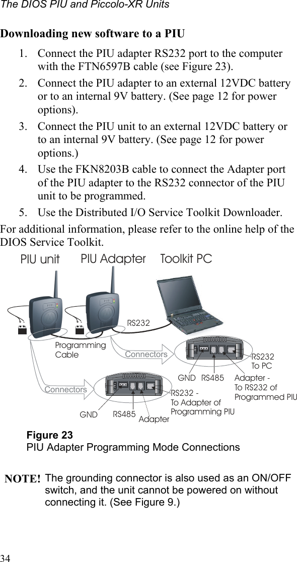The DIOS PIU and Piccolo-XR Units  34 Downloading new software to a PIU 1. Connect the PIU adapter RS232 port to the computer with the FTN6597B cable (see Figure 23).  2. Connect the PIU adapter to an external 12VDC battery or to an internal 9V battery. (See page 12 for power options). 3. Connect the PIU unit to an external 12VDC battery or to an internal 9V battery. (See page 12 for power options.) 4. Use the FKN8203B cable to connect the Adapter port of the PIU adapter to the RS232 connector of the PIU unit to be programmed. 5. Use the Distributed I/O Service Toolkit Downloader. For additional information, please refer to the online help of the DIOS Service Toolkit.    RS232Programming Cable  RS232 To PCAdapter -To RS232 of Programmed PIUGND RS485Connectors +-+- ConnectorsRS232 -To Adapter of Programming PIUAdapterGND RS485PIU unit PIU Adapter Toolkit PC Figure 23 PIU Adapter Programming Mode Connections   NOTE! The grounding connector is also used as an ON/OFF switch, and the unit cannot be powered on without connecting it. (See Figure 9.) 