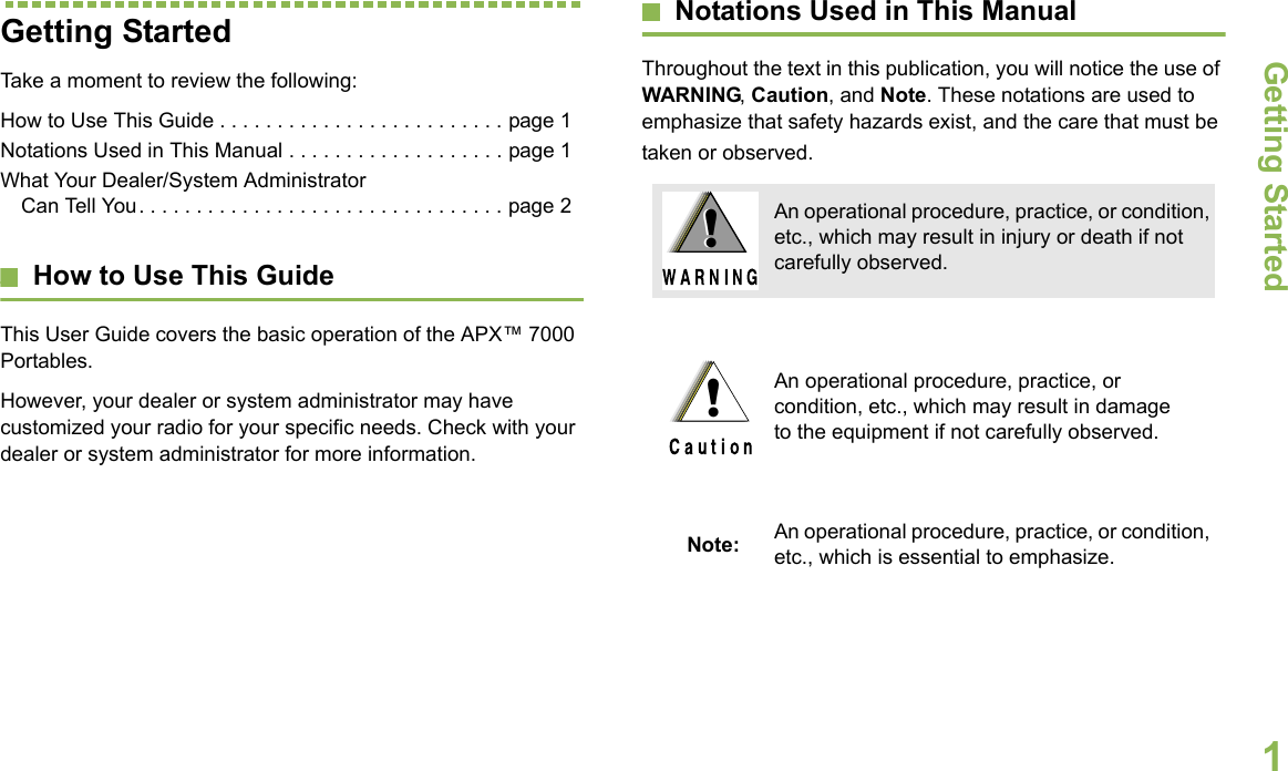 Getting StartedEnglish1Getting StartedTake a moment to review the following:How to Use This Guide . . . . . . . . . . . . . . . . . . . . . . . . . page 1Notations Used in This Manual . . . . . . . . . . . . . . . . . . . page 1What Your Dealer/System Administrator Can Tell You. . . . . . . . . . . . . . . . . . . . . . . . . . . . . . . . page 2How to Use This GuideThis User Guide covers the basic operation of the APX™ 7000 Portables.However, your dealer or system administrator may have customized your radio for your specific needs. Check with your dealer or system administrator for more information.Notations Used in This ManualThroughout the text in this publication, you will notice the use of WARNING, Caution, and Note. These notations are used to emphasize that safety hazards exist, and the care that must be taken or observed.An operational procedure, practice, or condition, etc., which may result in injury or death if not carefully observed.An operational procedure, practice, or condition, etc., which may result in damage to the equipment if not carefully observed.Note: An operational procedure, practice, or condition, etc., which is essential to emphasize.!!!