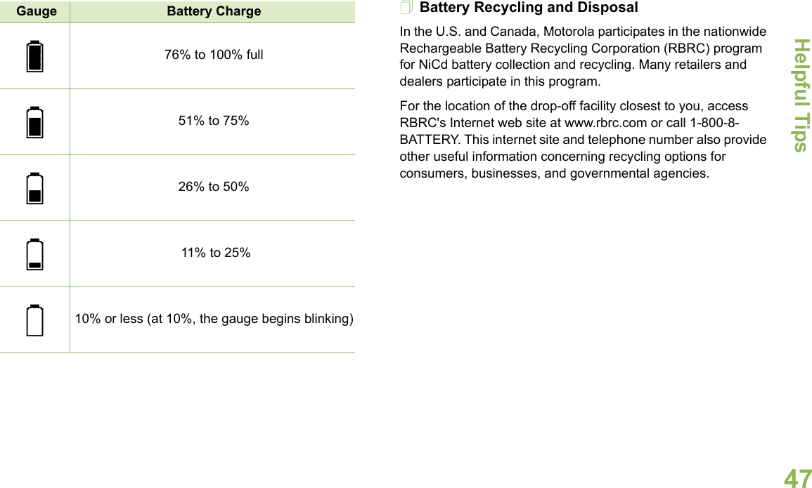Helpful TipsEnglish47Battery Recycling and DisposalIn the U.S. and Canada, Motorola participates in the nationwide Rechargeable Battery Recycling Corporation (RBRC) program for NiCd battery collection and recycling. Many retailers and dealers participate in this program.For the location of the drop-off facility closest to you, access RBRC&apos;s Internet web site at www.rbrc.com or call 1-800-8-BATTERY. This internet site and telephone number also provide other useful information concerning recycling options for consumers, businesses, and governmental agencies.Gauge Battery Charge76% to 100% full51% to 75%26% to 50% 11% to 25%10% or less (at 10%, the gauge begins blinking)UTSRQ