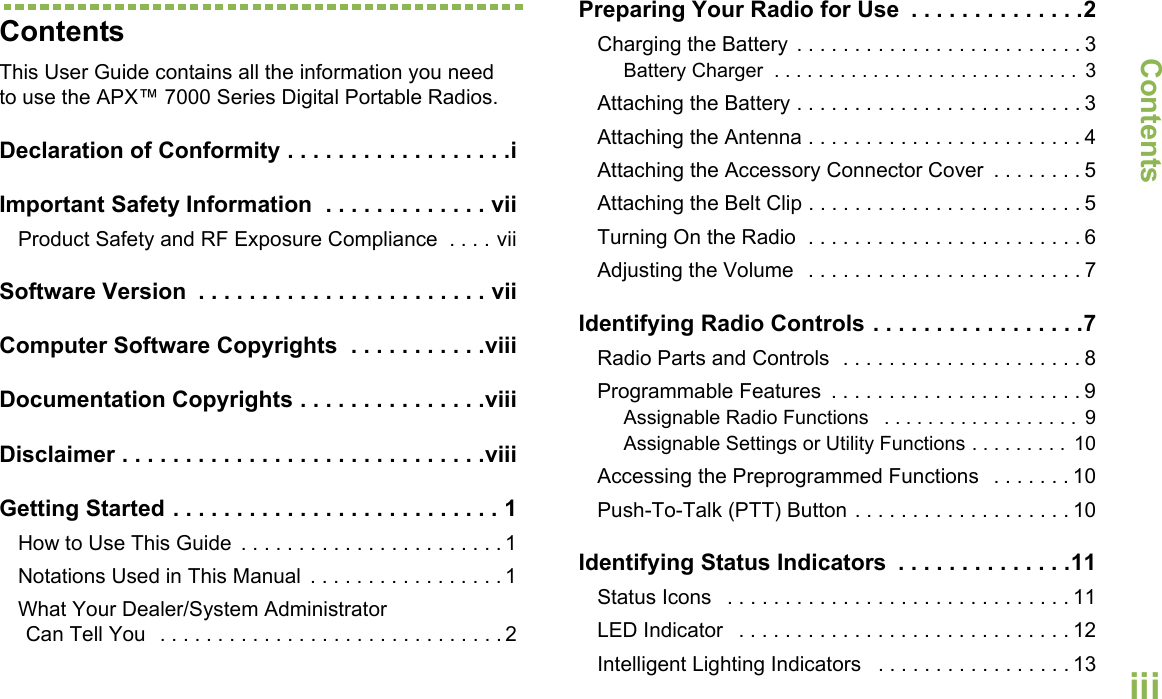 ContentsEnglishiiiContentsThis User Guide contains all the information you need to use the APX™ 7000 Series Digital Portable Radios.Declaration of Conformity . . . . . . . . . . . . . . . . . .iImportant Safety Information  . . . . . . . . . . . . . viiProduct Safety and RF Exposure Compliance  . . . . viiSoftware Version  . . . . . . . . . . . . . . . . . . . . . . . viiComputer Software Copyrights  . . . . . . . . . . .viiiDocumentation Copyrights . . . . . . . . . . . . . . .viiiDisclaimer . . . . . . . . . . . . . . . . . . . . . . . . . . . . .viiiGetting Started . . . . . . . . . . . . . . . . . . . . . . . . . . 1How to Use This Guide  . . . . . . . . . . . . . . . . . . . . . . . 1Notations Used in This Manual  . . . . . . . . . . . . . . . . . 1What Your Dealer/System AdministratorCan Tell You  . . . . . . . . . . . . . . . . . . . . . . . . . . . . . . 2Preparing Your Radio for Use  . . . . . . . . . . . . . .2Charging the Battery . . . . . . . . . . . . . . . . . . . . . . . . . 3Battery Charger  . . . . . . . . . . . . . . . . . . . . . . . . . . . .  3Attaching the Battery . . . . . . . . . . . . . . . . . . . . . . . . . 3Attaching the Antenna . . . . . . . . . . . . . . . . . . . . . . . . 4Attaching the Accessory Connector Cover  . . . . . . . . 5Attaching the Belt Clip . . . . . . . . . . . . . . . . . . . . . . . . 5Turning On the Radio  . . . . . . . . . . . . . . . . . . . . . . . . 6Adjusting the Volume   . . . . . . . . . . . . . . . . . . . . . . . . 7Identifying Radio Controls . . . . . . . . . . . . . . . . .7Radio Parts and Controls  . . . . . . . . . . . . . . . . . . . . . 8Programmable Features  . . . . . . . . . . . . . . . . . . . . . . 9Assignable Radio Functions   . . . . . . . . . . . . . . . . . .  9Assignable Settings or Utility Functions . . . . . . . . .  10Accessing the Preprogrammed Functions  . . . . . . . 10Push-To-Talk (PTT) Button . . . . . . . . . . . . . . . . . . . 10Identifying Status Indicators  . . . . . . . . . . . . . .11Status Icons   . . . . . . . . . . . . . . . . . . . . . . . . . . . . . . 11LED Indicator   . . . . . . . . . . . . . . . . . . . . . . . . . . . . . 12Intelligent Lighting Indicators   . . . . . . . . . . . . . . . . . 13