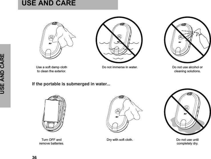 USE AND CARE            36USE AND CAREUse a soft damp clothto clean the exterior.Turn OFF andremove batteries.Dry with soft cloth. Do not use untilcompletely dry.Do not immerse in water. Do not use alcohol orcleaning solutions.If the portable is submerged in water...