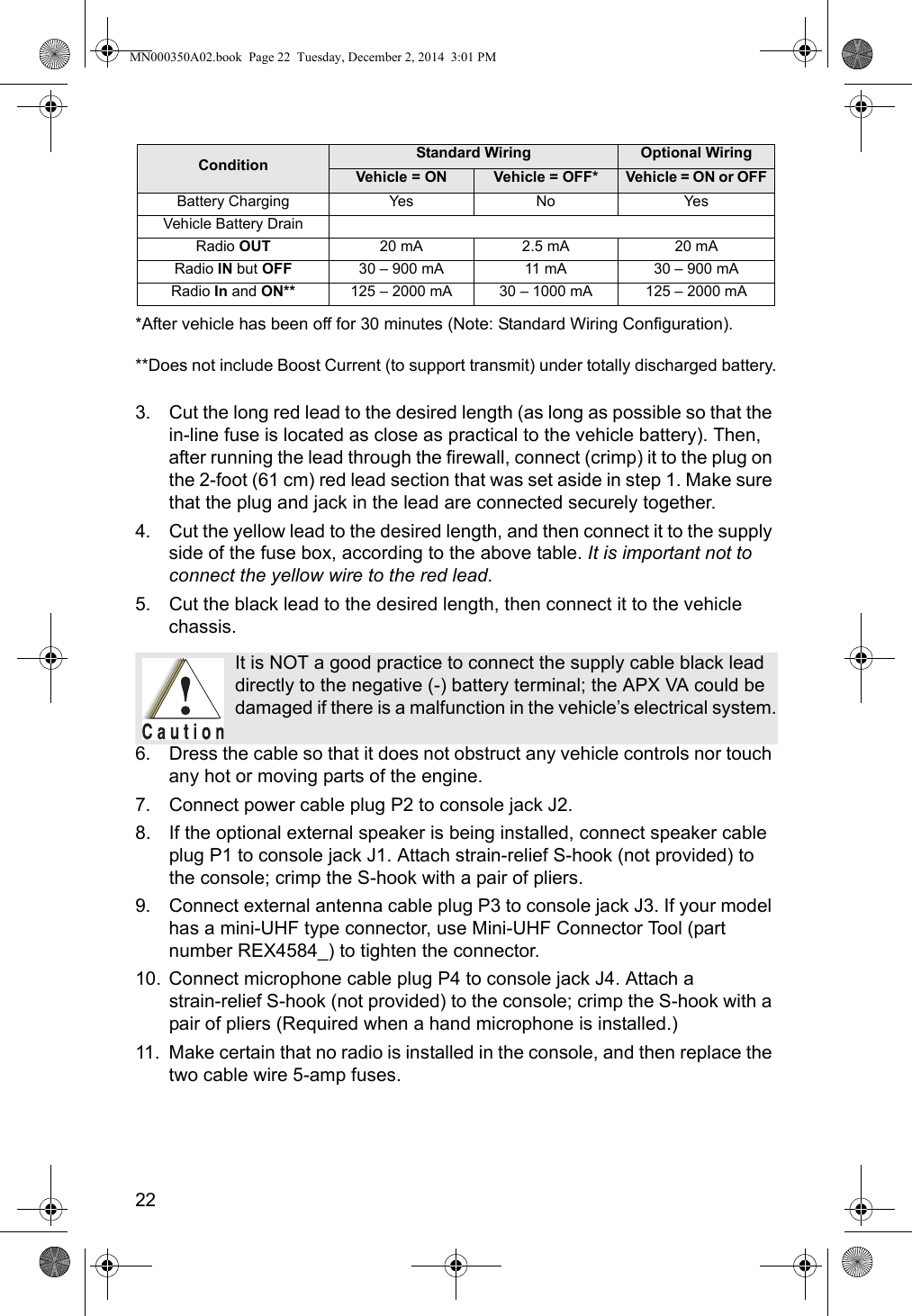 22*After vehicle has been off for 30 minutes (Note: Standard Wiring Configuration).**Does not include Boost Current (to support transmit) under totally discharged battery.3. Cut the long red lead to the desired length (as long as possible so that the in-line fuse is located as close as practical to the vehicle battery). Then, after running the lead through the firewall, connect (crimp) it to the plug on the 2-foot (61 cm) red lead section that was set aside in step 1. Make sure that the plug and jack in the lead are connected securely together.4. Cut the yellow lead to the desired length, and then connect it to the supply side of the fuse box, according to the above table. It is important not to connect the yellow wire to the red lead.5. Cut the black lead to the desired length, then connect it to the vehicle chassis.6. Dress the cable so that it does not obstruct any vehicle controls nor touch any hot or moving parts of the engine.7. Connect power cable plug P2 to console jack J2. 8. If the optional external speaker is being installed, connect speaker cable plug P1 to console jack J1. Attach strain-relief S-hook (not provided) to the console; crimp the S-hook with a pair of pliers.9. Connect external antenna cable plug P3 to console jack J3. If your model has a mini-UHF type connector, use Mini-UHF Connector Tool (part number REX4584_) to tighten the connector.10. Connect microphone cable plug P4 to console jack J4. Attach a  strain-relief S-hook (not provided) to the console; crimp the S-hook with a pair of pliers (Required when a hand microphone is installed.)11. Make certain that no radio is installed in the console, and then replace the two cable wire 5-amp fuses.Condition Standard Wiring Optional WiringVehicle = ON Vehicle = OFF* Vehicle = ON or OFFBattery Charging Yes No YesVehicle Battery DrainRadio OUT 20 mA 2.5 mA 20 mARadio IN but OFF 30 – 900 mA 11 mA 30 – 900 mARadio In and ON** 125 – 2000 mA 30 – 1000 mA 125 – 2000 mAIt is NOT a good practice to connect the supply cable black lead directly to the negative (-) battery terminal; the APX VA could be damaged if there is a malfunction in the vehicle’s electrical system.MN000350A02.book  Page 22  Tuesday, December 2, 2014  3:01 PM