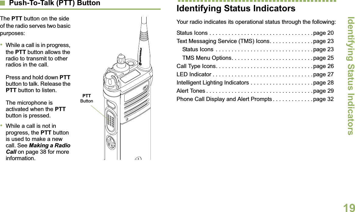Identifying Status IndicatorsEnglish19Push-To-Talk (PTT) ButtonThe PTT button on the side of the radio serves two basic purposes:•While a call is in progress, the PTT button allows the radio to transmit to other radios in the call.Press and hold down PTT button to talk. Release the PTT button to listen.The microphone is activated when the PTT button is pressed.•While a call is not in progress, the PTT button is used to make a new call. See Making a Radio Call on page 38 for more information.Identifying Status IndicatorsYour radio indicates its operational status through the following:Status Icons . . . . . . . . . . . . . . . . . . . . . . . . . . . . . . . . .page 20Text Messaging Service (TMS) Icons. . . . . . . . . . . . . .page 23Status Icons  . . . . . . . . . . . . . . . . . . . . . . . . . . . . . . .page 23TMS Menu Options. . . . . . . . . . . . . . . . . . . . . . . . . .page 25Call Type Icons. . . . . . . . . . . . . . . . . . . . . . . . . . . . . . .page 26LED Indicator . . . . . . . . . . . . . . . . . . . . . . . . . . . . . . . .page 27Intelligent Lighting Indicators . . . . . . . . . . . . . . . . . . . .page 28Alert Tones . . . . . . . . . . . . . . . . . . . . . . . . . . . . . . . . . .page 29Phone Call Display and Alert Prompts . . . . . . . . . . . . .page 32PTT Button
