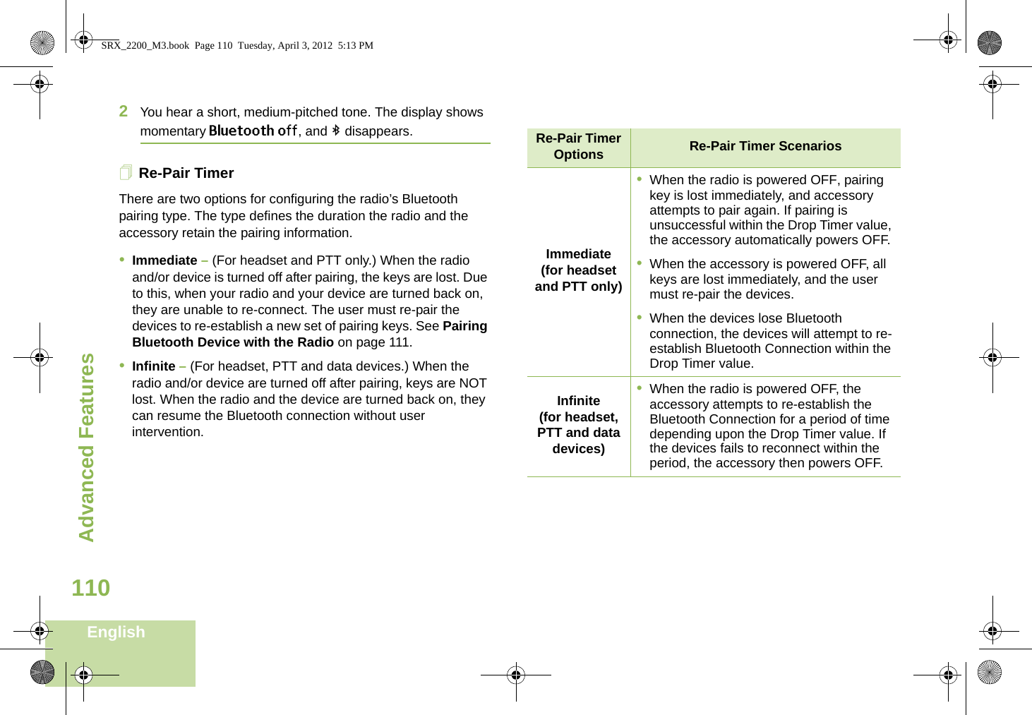 Advanced FeaturesEnglish1102You hear a short, medium-pitched tone. The display shows momentary Bluetooth off, and b disappears.Re-Pair TimerThere are two options for configuring the radio’s Bluetooth pairing type. The type defines the duration the radio and the accessory retain the pairing information.•Immediate – (For headset and PTT only.) When the radio and/or device is turned off after pairing, the keys are lost. Due to this, when your radio and your device are turned back on, they are unable to re-connect. The user must re-pair the devices to re-establish a new set of pairing keys. See Pairing Bluetooth Device with the Radio on page 111. •Infinite – (For headset, PTT and data devices.) When the radio and/or device are turned off after pairing, keys are NOT lost. When the radio and the device are turned back on, they can resume the Bluetooth connection without user intervention.  Re-Pair Timer Options Re-Pair Timer ScenariosImmediate(for headset and PTT only)•When the radio is powered OFF, pairing key is lost immediately, and accessory attempts to pair again. If pairing is unsuccessful within the Drop Timer value, the accessory automatically powers OFF.•When the accessory is powered OFF, all keys are lost immediately, and the user must re-pair the devices.•When the devices lose Bluetooth connection, the devices will attempt to re-establish Bluetooth Connection within the Drop Timer value.Infinite(for headset, PTT and data devices)•When the radio is powered OFF, the accessory attempts to re-establish the Bluetooth Connection for a period of time depending upon the Drop Timer value. If the devices fails to reconnect within the period, the accessory then powers OFF.SRX_2200_M3.book  Page 110  Tuesday, April 3, 2012  5:13 PM