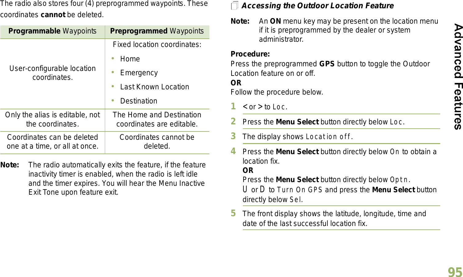 English95The radio also stores four (4) preprogrammed waypoints. These coordinates cannot be deleted.Note: The radio automatically exits the feature, if the feature inactivity timer is enabled, when the radio is left idle and the timer expires. You will hear the Menu Inactive Exit Tone upon feature exit.Accessing the Outdoor Location FeatureNote: An ON menu key may be present on the location menu if it is preprogrammed by the dealer or system administrator.Procedure:Press the preprogrammed GPS button to toggle the Outdoor Location feature on or off.ORFollow the procedure below.1&lt; or &gt; to Loc.2Press the Menu Select button directly below Loc.3The display shows Location off.4Press the Menu Select button directly below On to obtain a location fix.ORPress the Menu Select button directly below Optn.U or D to Turn On GPS and press the Menu Select button directly below Sel.5The front display shows the latitude, longitude, time and date of the last successful location fix.Programmable Waypoints Preprogrammed WaypointsUser-configurable location coordinates.Fixed location coordinates:HomeEmergencyLast Known LocationDestinationOnly the alias is editable, not the coordinates. The Home and Destination coordinates are editable.Coordinates can be deleted one at a time, or all at once. Coordinates cannot be deleted.