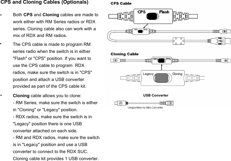 CPS and Cloning Cables (Optionals)•Both CPS and Cloning cables are made to work either with RM Series radios or RDX series. Cloning cable also can work with a mix of RDX and RM radios.The CPS cable is made to program RM series radio when the switch is in either &quot;Flash&quot; or &quot;CPS&quot; position. If you want to use the CPS cable to program  RDX radios, make sure the switch is in &quot;CPS&quot; position and attach a USB converter provided as part of the CPS cable kit.•Cloning cable allows you to clone:- RM Series, make sure the switch is either in &quot;Cloning&quot; or &quot;Legacy&quot; position.- RDX radios, make sure the switch is in &quot;Legacy&quot; position there is one USB converter attached on each side.- RM and RDX radios, make sure the switch is in &quot;Legacy&quot; position and use a USB converter to connect to the RDX SUC. Cloning cable kit provides 1 USB converter.•CPS CableCloning CableMicro-to-Mini USB ConvertorUSB Converter