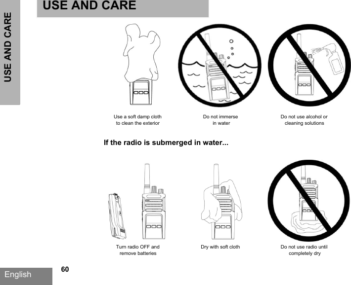 USE AND CAREEnglish   60USE AND CAREUse a soft damp clothto clean the exteriorDo not immersein waterDo not use alcohol orcleaning solutionsTurn radio OFF andremove batteriesDry with soft cloth Do not use radio untilcompletely dryIf the radio is submerged in water...
