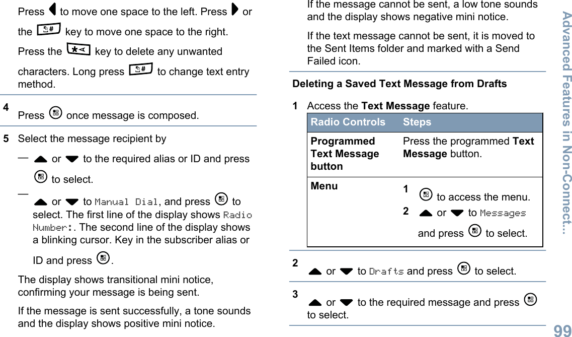 Press   to move one space to the left. Press   orthe   key to move one space to the right.Press the   key to delete any unwantedcharacters. Long press   to change text entrymethod.4Press   once message is composed.5Select the message recipient by— or   to the required alias or ID and press to select.— or   to Manual Dial, and press   toselect. The first line of the display shows RadioNumber:. The second line of the display showsa blinking cursor. Key in the subscriber alias orID and press  .The display shows transitional mini notice,confirming your message is being sent.If the message is sent successfully, a tone soundsand the display shows positive mini notice.If the message cannot be sent, a low tone soundsand the display shows negative mini notice.If the text message cannot be sent, it is moved tothe Sent Items folder and marked with a SendFailed icon.Deleting a Saved Text Message from Drafts1Access the Text Message feature.Radio Controls StepsProgrammedText MessagebuttonPress the programmed TextMessage button.Menu 1 to access the menu.2 or   to Messagesand press   to select.2 or   to Drafts and press   to select.3 or   to the required message and press to select.Advanced Features in Non-Connect...99English