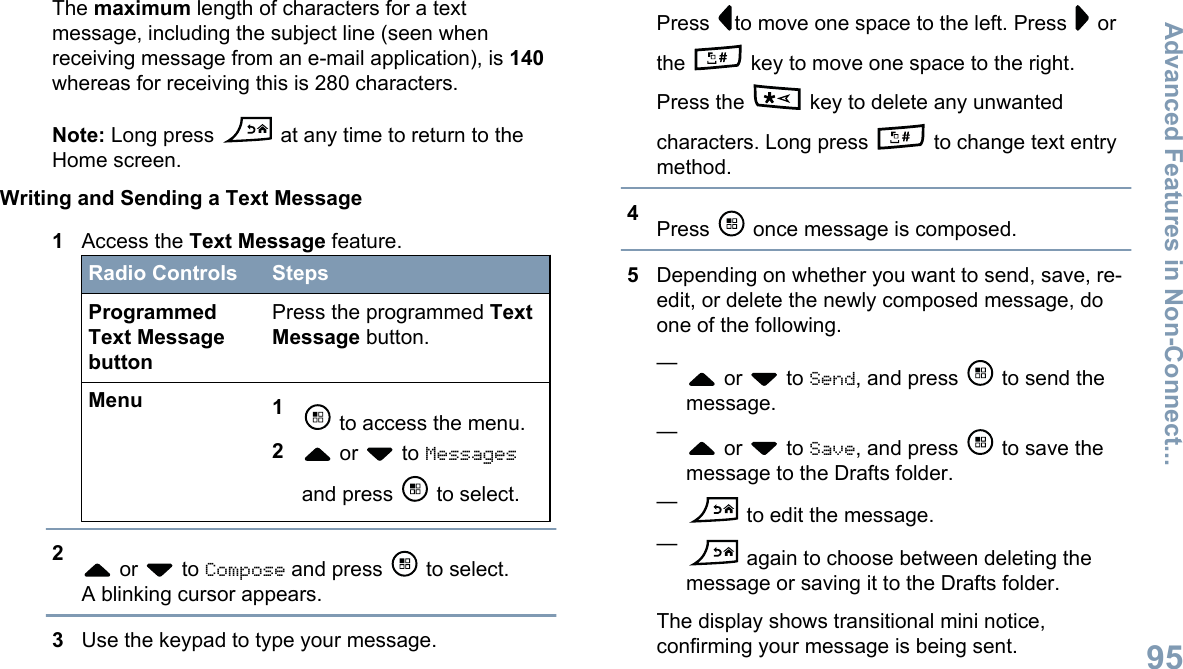 The maximum length of characters for a textmessage, including the subject line (seen whenreceiving message from an e-mail application), is 140whereas for receiving this is 280 characters.Note: Long press   at any time to return to theHome screen.Writing and Sending a Text Message1Access the Text Message feature.Radio Controls StepsProgrammedText MessagebuttonPress the programmed TextMessage button.Menu 1 to access the menu.2 or   to Messagesand press   to select.2 or   to Compose and press   to select.A blinking cursor appears.3Use the keypad to type your message.Press  to move one space to the left. Press   orthe   key to move one space to the right.Press the   key to delete any unwantedcharacters. Long press   to change text entrymethod.4Press   once message is composed.5Depending on whether you want to send, save, re-edit, or delete the newly composed message, doone of the following.— or   to Send, and press   to send themessage.— or   to Save, and press   to save themessage to the Drafts folder.— to edit the message.— again to choose between deleting themessage or saving it to the Drafts folder.The display shows transitional mini notice,confirming your message is being sent.Advanced Features in Non-Connect...95English