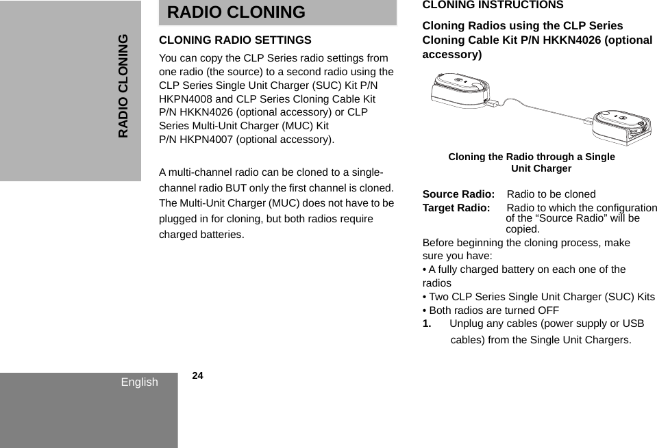 RADIO CLONINGEnglish            24RADIO CLONINGCLONING RADIO SETTINGSYou can copy the CLP Series radio settings from one radio (the source) to a second radio using the CLP Series Single Unit Charger (SUC) Kit P/N HKPN4008 and CLP Series Cloning Cable Kit P/N HKKN4026 (optional accessory) or CLP Series Multi-Unit Charger (MUC) Kit P/N HKPN4007 (optional accessory). A multi-channel radio can be cloned to a single-channel radio BUT only the first channel is cloned. The Multi-Unit Charger (MUC) does not have to be plugged in for cloning, but both radios require charged batteries. CLONING INSTRUCTIONSCloning Radios using the CLP Series  Cloning Cable Kit P/N HKKN4026 (optional accessory)Source Radio:    Radio to be clonedTarget Radio:      Radio to which the configuration of the “Source Radio” will be copied.Before beginning the cloning process, makesure you have:• A fully charged battery on each one of theradios• Two CLP Series Single Unit Charger (SUC) Kits • Both radios are turned OFF1. Unplug any cables (power supply or USB cables) from the Single Unit Chargers.    Cloning the Radio through a Single Unit Charger  