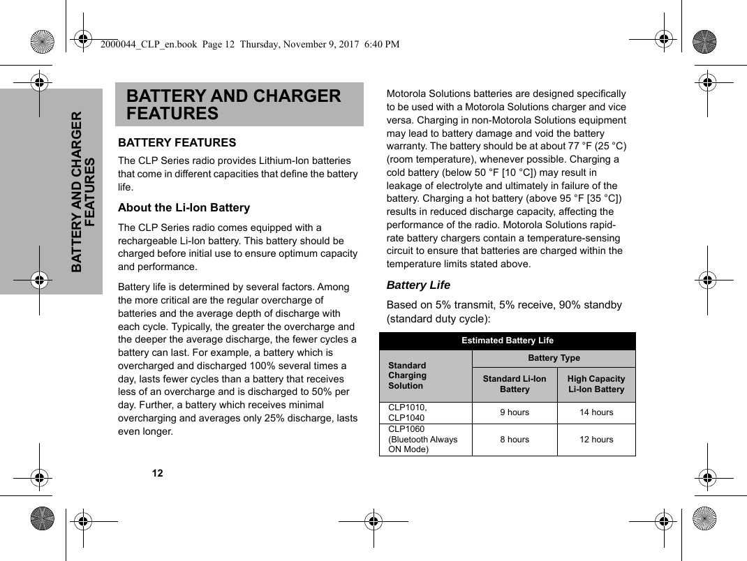 BATTERY AND CHARGER FEATURES            12BATTERY AND CHARGER FEATURESBATTERY FEATURESThe CLP Series radio provides Lithium-Ion batteries that come in different capacities that define the battery life. About the Li-Ion BatteryThe CLP Series radio comes equipped with a rechargeable Li-Ion battery. This battery should be charged before initial use to ensure optimum capacity and performance. Battery life is determined by several factors. Among the more critical are the regular overcharge of batteries and the average depth of discharge with each cycle. Typically, the greater the overcharge and the deeper the average discharge, the fewer cycles a battery can last. For example, a battery which is overcharged and discharged 100% several times a day, lasts fewer cycles than a battery that receives less of an overcharge and is discharged to 50% per day. Further, a battery which receives minimal overcharging and averages only 25% discharge, lasts even longer.Motorola Solutions batteries are designed specifically to be used with a Motorola Solutions charger and vice versa. Charging in non-Motorola Solutions equipment may lead to battery damage and void the battery warranty. The battery should be at about 77 °F (25 °C) (room temperature), whenever possible. Charging a cold battery (below 50 °F [10 °C]) may result in leakage of electrolyte and ultimately in failure of the battery. Charging a hot battery (above 95 °F [35 °C]) results in reduced discharge capacity, affecting the performance of the radio. Motorola Solutions rapid-rate battery chargers contain a temperature-sensing circuit to ensure that batteries are charged within the temperature limits stated above. Battery Life Based on 5% transmit, 5% receive, 90% standby (standard duty cycle): Estimated Battery LifeStandard Charging SolutionBattery TypeStandard Li-Ion BatteryHigh Capacity Li-Ion BatteryCLP1010, CLP1040 9 hours 14 hoursCLP1060 (Bluetooth Always ON Mode)8 hours 12 hours2000044_CLP_en.book  Page 12  Thursday, November 9, 2017  6:40 PM