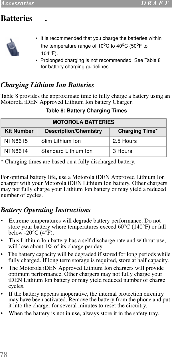 78Accessories  D R A F T    Batteries      .Charging Lithium Ion Batteries Table 8 provides the approximate time to fully charge a battery using an Motorola iDEN Approved Lithium Ion battery Charger.Table 8: Battery Charging Times * Charging times are based on a fully discharged battery.For optimal battery life, use a Motorola iDEN Approved Lithium Ion charger with your Motorola iDEN Lithium Ion battery. Other chargers may not fully charge your Lithium Ion battery or may yield a reduced number of cycles.Battery Operating Instructions•    Extreme temperatures will degrade battery performance. Do not store your battery where temperatures exceed 60°C (140°F) or fall below -20°C (4°F).•    This Lithium Ion battery has a self discharge rate and without use, will lose about 1% of its charge per day.•    The battery capacity will be degraded if stored for long periods while fully charged. If long term storage is required, store at half capacity.  •    The Motorola iDEN Approved Lithium Ion chargers will provide optimum performance. Other chargers may not fully charge your iDEN Lithium Ion battery or may yield reduced number of charge cycles. •    If the battery appears inoperative, the internal protection circuitry may have been activated. Remove the battery from the phone and put it into the charger for several minutes to reset the circuitry.•    When the battery is not in use, always store it in the safety tray.•  It is recommended that you charge the batteries within the temperature range of 10oC to 40oC (50oF to 104oF).•  Prolonged charging is not recommended. See Table 8 for battery charging guidelines.MOTOROLA BATTERIESKit Number Description/Chemistry Charging Time*NTN8615 Slim Lithium Ion 2.5 HoursNTN8614 Standard Lithium Ion 3 Hours