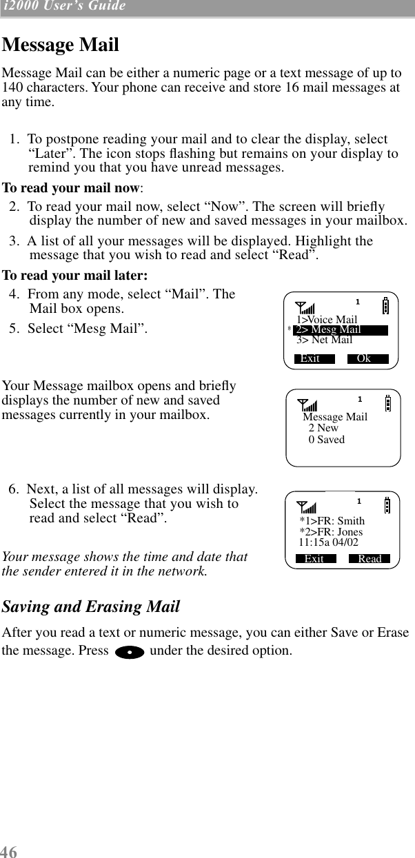 46 i2000 UserÕs Guide  Message MailMessage Mail can be either a numeric page or a text message of up to 140 characters. Your phone can receive and store 16 mail messages at any time.  1.  To postpone reading your mail and to clear the display, select “Later”. The icon stops ﬂashing but remains on your display to remind you that you have unread messages.To read your mail now:  2.  To read your mail now, select “Now”. The screen will brieﬂy display the number of new and saved messages in your mailbox.  3.  A list of all your messages will be displayed. Highlight the message that you wish to read and select “Read”.To read your mail later:  4.  From any mode, select “Mail”. The Mail box opens.  5.  Select “Mesg Mail”. Your Message mailbox opens and brieﬂy displays the number of new and saved messages currently in your mailbox.  6.  Next, a list of all messages will display. Select the message that you wish to read and select “Read”. Your message shows the time and date that the sender entered it in the network. Saving and Erasing MailAfter you read a text or numeric message, you can either Save or Erase the message. Press   under the desired option.3&gt; Net Mail Exit             Ok1  Voice Mail2&gt; Mesg Mail&gt;*      Message Mail  2 New  0 Saved*1&gt;FR: Smith11:15a 04/02Exit            Read*2&gt;FR: Jones