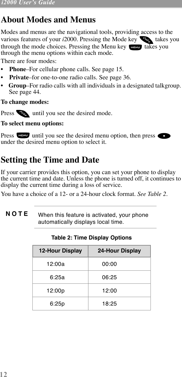 12 i2000 UserÕs Guide  About Modes and Menus Modes and menus are the navigational tools, providing access to the various features of your i2000. Pressing the Mode key   takes you through the mode choices. Pressing the Menu key   takes you through the menu options within each mode.There are four modes: ¥    PhoneÐFor cellular phone calls. See page 15. ¥    PrivateÐfor one-to-one radio calls. See page 36.¥    GroupÐFor radio calls with all individuals in a designated talkgroup. See page 44. To change modes:Press   until you see the desired mode.To select menu options:Press   until you see the desired menu option, then press   under the desired menu option to select it.Setting the Time and Date If your carrier provides this option, you can set your phone to display the current time and date. Unless the phone is turned off, it continues to display the current time during a loss of service. You have a choice of a 12- or a 24-hour clock format. See Table 2.NOTE When this feature is activated, your phone automatically displays local time.Table 2: Time Display Options12-Hour Display 24-Hour Display      12:00a       00:00        6:25a       06:25      12:00p       12:00        6:25p       18:25odeModeM