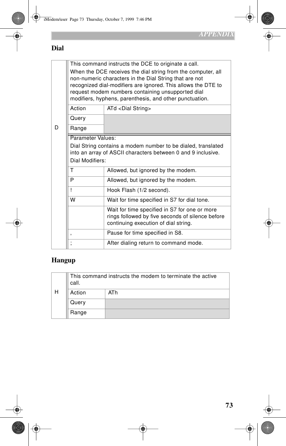 73   APPENDIXDialHangup D This command instructs the DCE to originate a call.When the DCE receives the dial string from the computer, all non-numeric characters in the Dial String that are not recognized dial-modiﬁers are ignored. This allows the DTE to request modem numbers containing unsupported dial modiﬁers, hyphens, parenthesis, and other punctuation.Action ATd &lt;Dial String&gt;QueryRangeParameter Values:Dial String contains a modem number to be dialed, translated into an array of ASCII characters between 0 and 9 inclusive.Dial Modiﬁers:T Allowed, but ignored by the modem.P Allowed, but ignored by the modem.! Hook Flash (1/2 second).W Wait for time speciﬁed in S7 for dial tone.Wait for time speciﬁed in S7 for one or more rings followed by ﬁve seconds of silence before continuing execution of dial string., Pause for time speciﬁed in S8.; After dialing return to command mode.HThis command instructs the modem to terminate the active call.Action AThQueryRangeiModem/user  Page 73  Thursday, October 7, 1999  7:46 PM